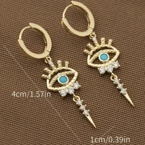 Gold and Turquoise Evil Eye Drop Earrings - Picture 3 of 4